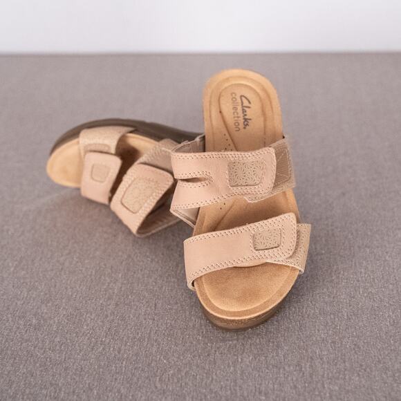 Clarks Collection Calenne Maye Cork Wedge Sandal 6M Beige Taupe Comfort Casual - Picture 1 of 9
